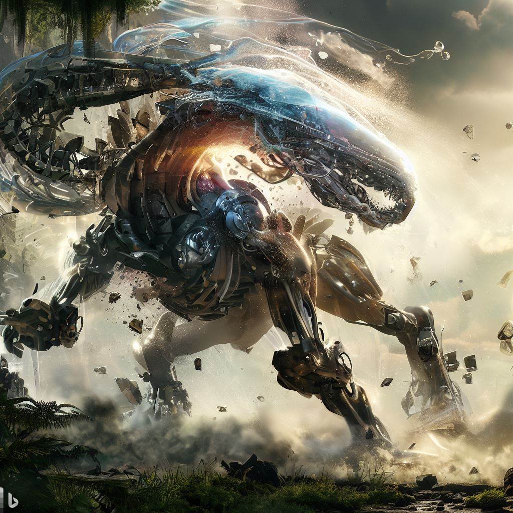 futuristic dinosaur mech with glass body, fighting, shatter, fauna in foreground, water spray, detailed smoke and clouds, lens flare, realistic, h.r. giger style 2.jpg